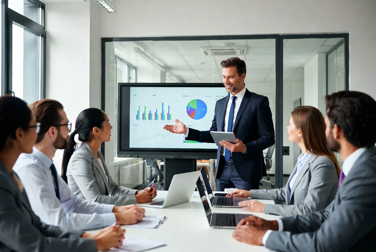IT-Berater präsentiert digitale Transformation und Datenanalyse vor Führungskräften