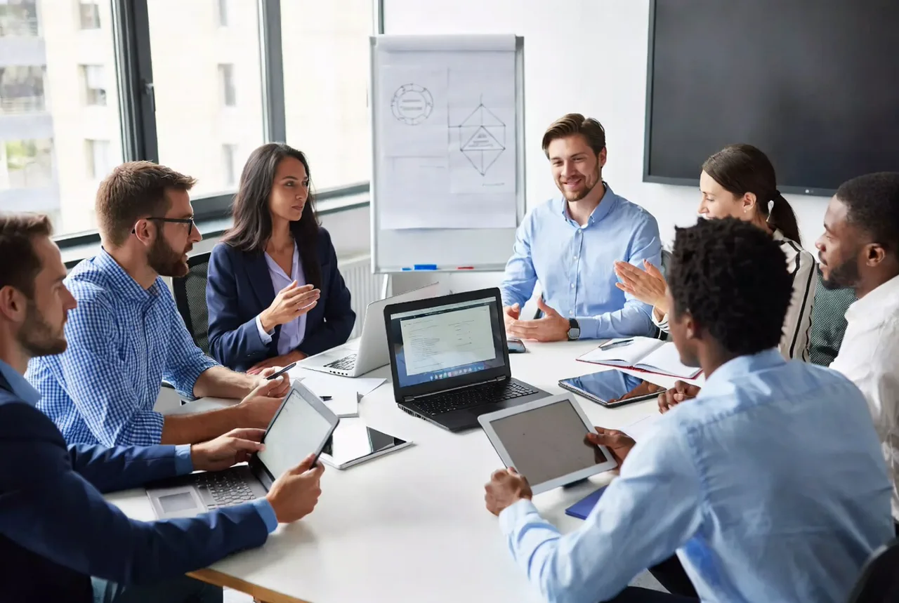 Business-Team diskutiert IT-Strategie und digitale Lösungen am Konferenztisch