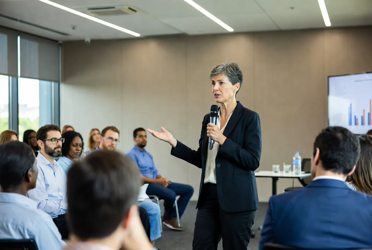 Erfahrene Beraterin leitet einen Workshop zur digitalen Transformation für Führungskräfte